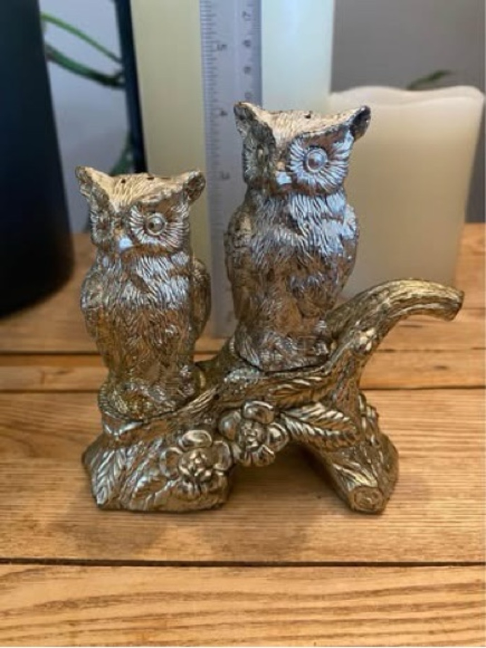 Vintage Electroplated Metallic Owl Salt & Pepper Shakers with Tree Branch Stand